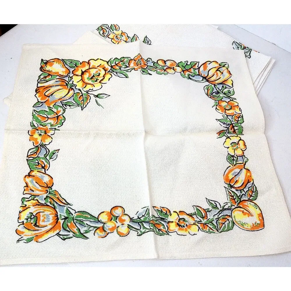 Vintage Retro Orange Green Floral Fabric Dinner Napkins 15x15 Set of 4
